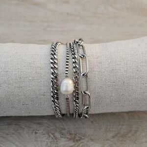 Victoria Emerson Theadora Silver Stacker Bracelet with Pearl Accent